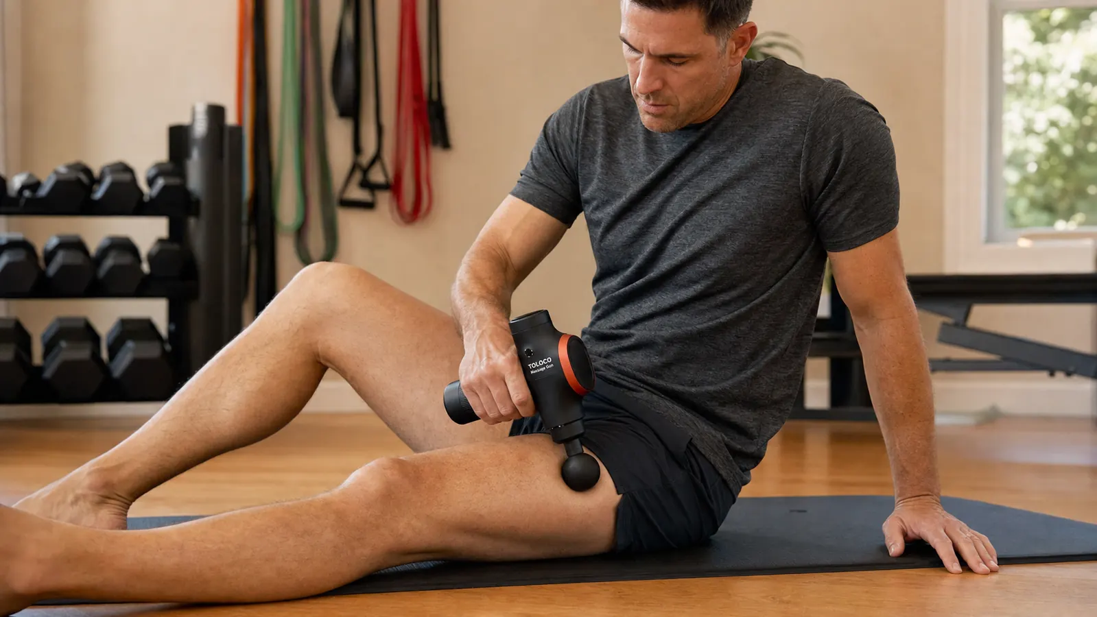 Close-up of the TOLOCO massage gun with multiple attachment heads laid out on a gym mat