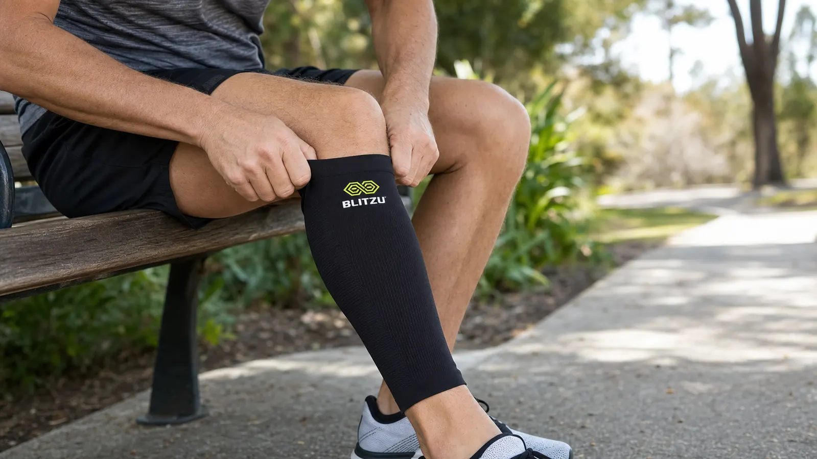 Close-up of BLITZU calf compression sleeve being pulled on over a runner's lower leg
