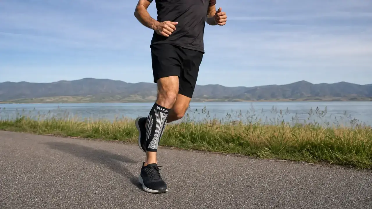 Close-up of BLITZU calf compression sleeve being pulled on over a bare leg