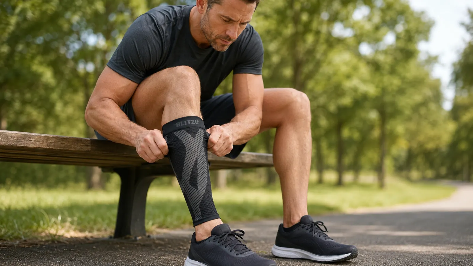 Close-up of BLITZU calf compression sleeve being pulled on over a shin