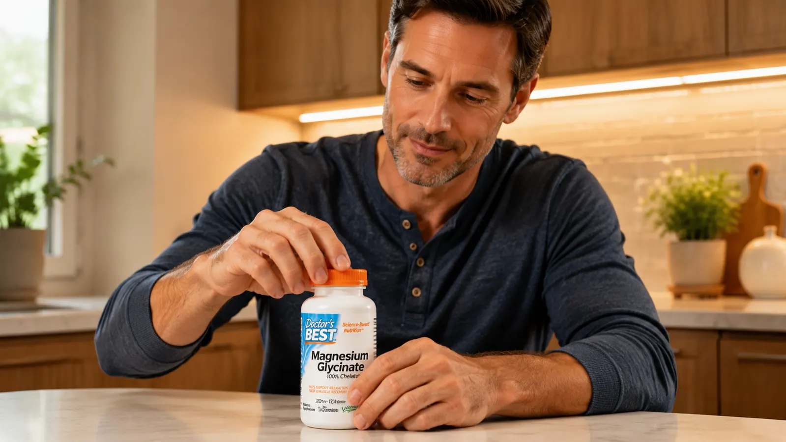 Close-up of Doctor's Best Magnesium Glycinate supplement label showing chelated magnesium and 200mg per serving