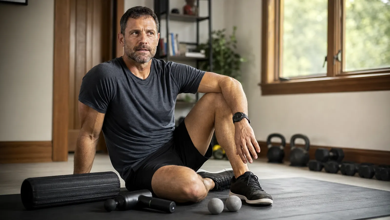 A lifter using a percussion massage gun on a sore quad in a home gym after a workout