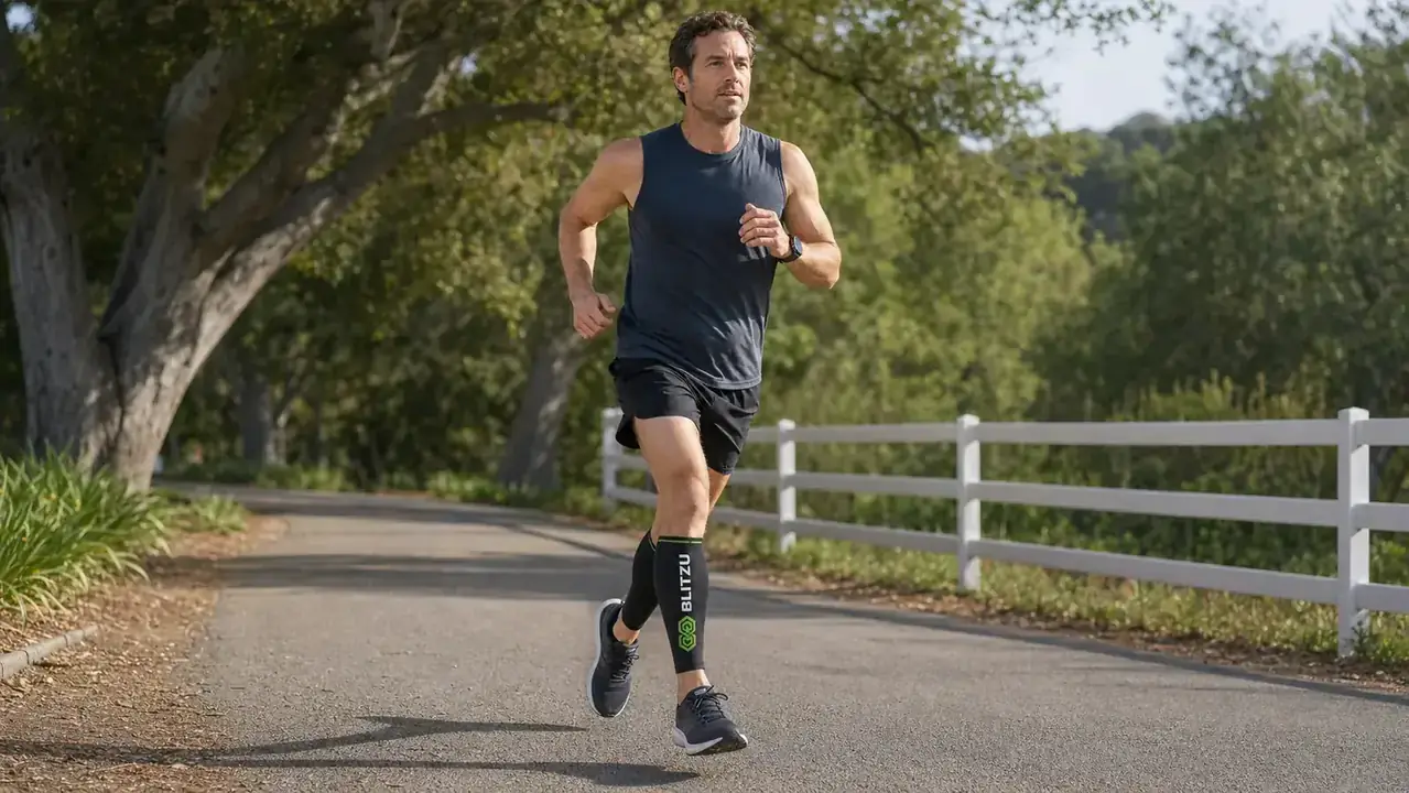 Hands pulling a BLITZU calf compression sleeve onto a lower leg before a run